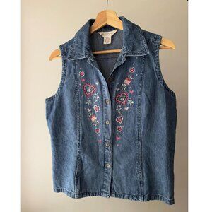 1990s Embroidered Hearts & Flowers Top | Vintage Denim Vest